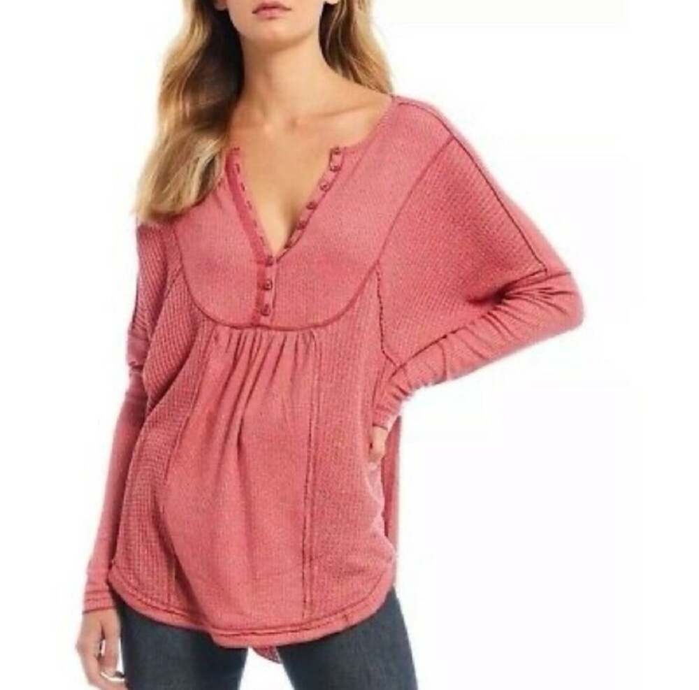 Free People Leo Henley Top Womens XS Dolman Waffle Knit Long Sleeve Oversized